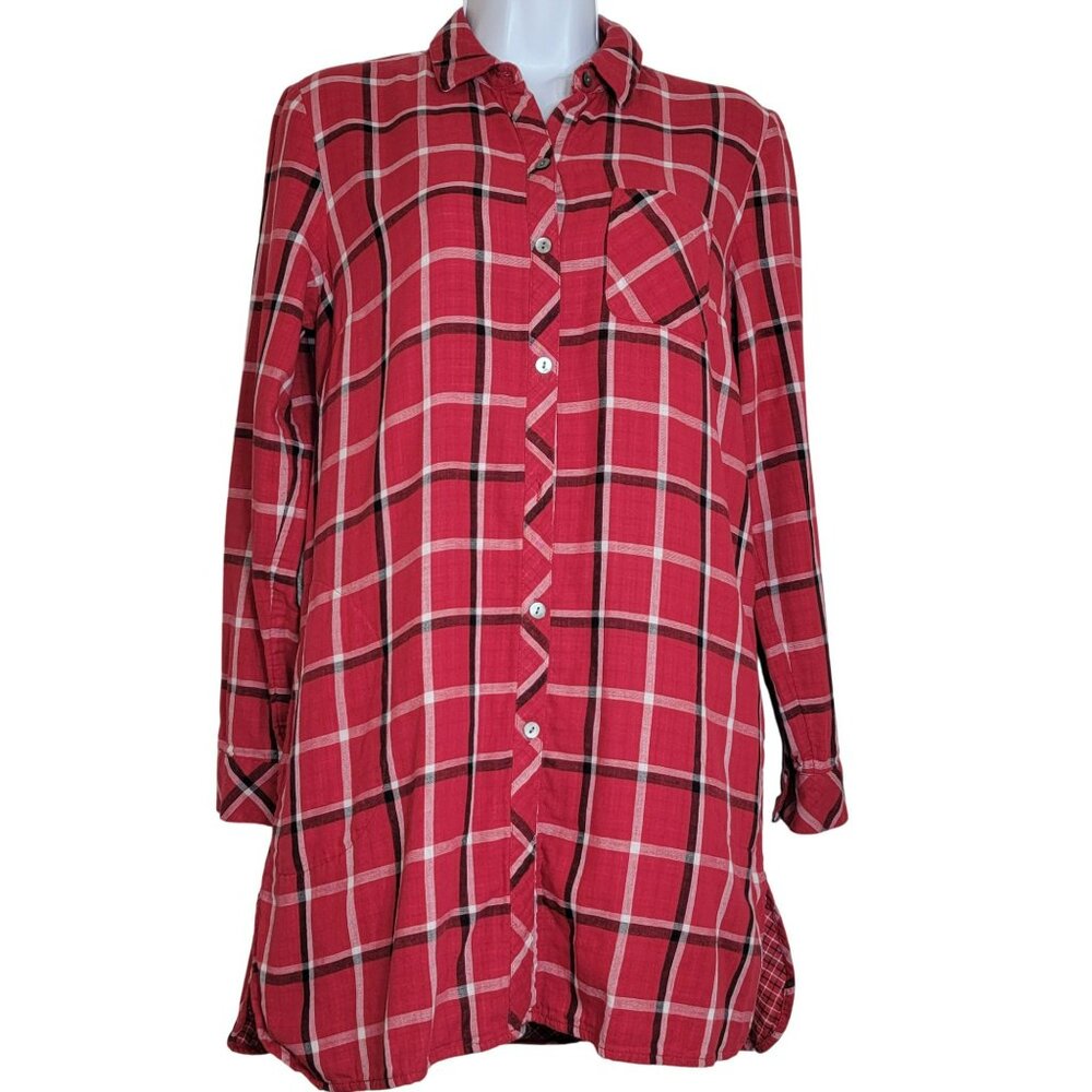 J Jill Flannel  Tunic Top, Women XS, Red, Black & White Plaid, Pockets, GUC